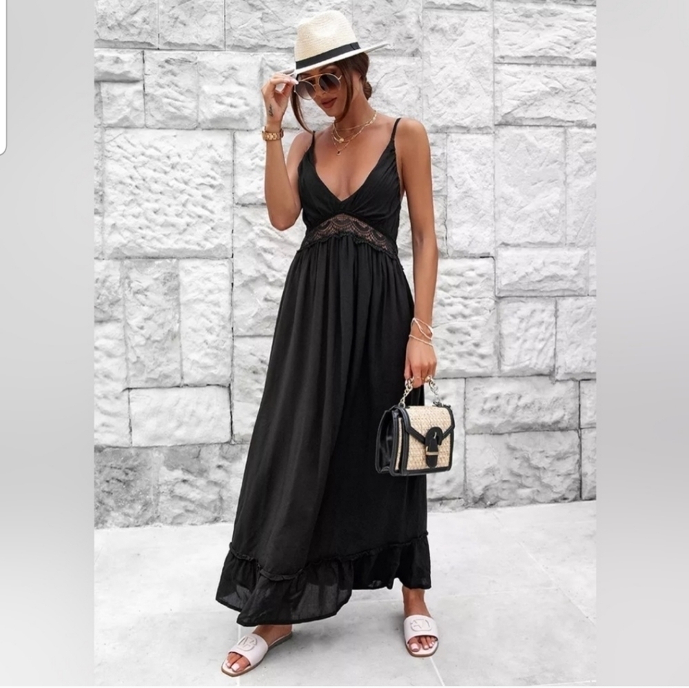 NWT Jason Wu Black Linen Blend Crochet Lace V Neck Tiered Maxi Dress XS